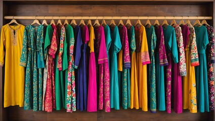 An array of vibrant kurtis in assorted colors, neatly arranged on a polished wooden rack, beckoning with the promise of traditional elegance