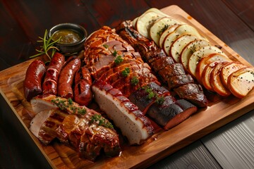 the assorted meat is beautifully sliced and laid on a wooden shelf - obrazy, fototapety, plakaty