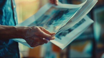 A defocused shot of hands flipping through pages of a storyboard with a blurry concept art painting in the background. The faded colors add a dreamy quality to the image symbolizing . - obrazy, fototapety, plakaty