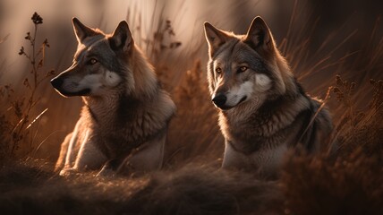 Two wolf in the field at sunset. Two wolves in the nature.
