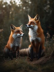 Two red foxes (Vulpes vulpes) in the forest
