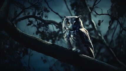 Beautiful owl sitting on a branch in the dark forest. Night scene. - Powered by Adobe