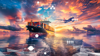 International logistics and freight transport with high-tech data overlays