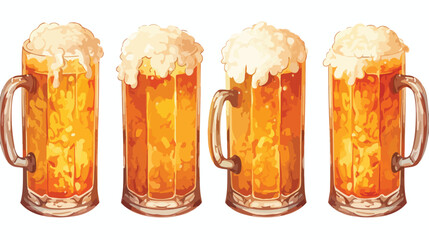 Watercolor illustrated glasses of beer set served w