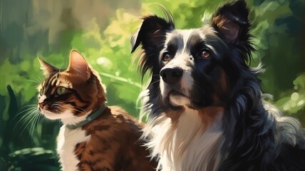 Border Collie dog and cat in the garden. Vector illustration.