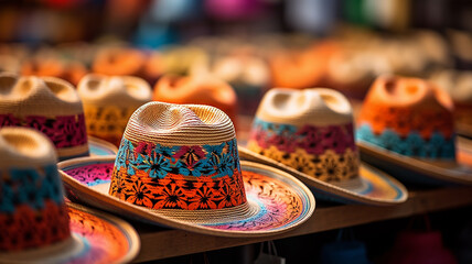 Colorful Mexican hats on a market stall in Cancun, Mexico generativa IA - obrazy, fototapety, plakaty