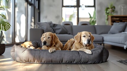 side view, A metal dog bed was placed on floor in living room, and two golden retrievers lay on a large dog bed,