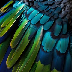 Beautiful bird feathers in blue and green colors. Close up.