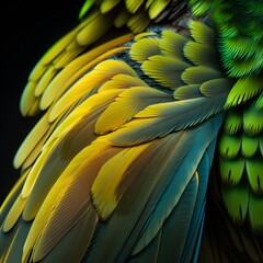beautiful green and yellow parrot feathers on black background close up