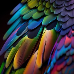 Colorful feathers of a macaw, close-up, macro