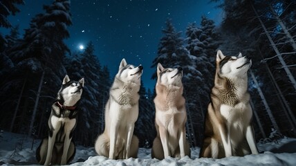 Three Siberian husky dogs in winter forest at night with moon.