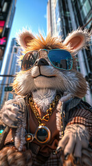 A cartoonish animal wearing sunglasses and a gold chain around its neck