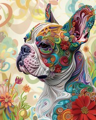 Beautiful French bulldog in profile , side view, colorful swirls with flowers around the body, surreal style