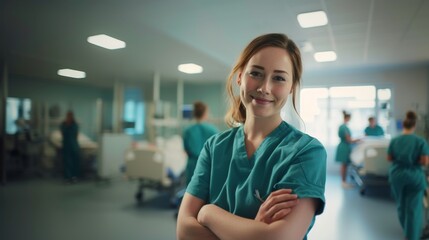 Compassionate Young Nurse in Bright Hospital Ward. - obrazy, fototapety, plakaty