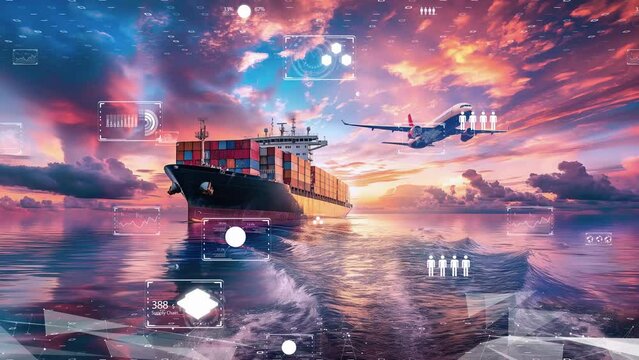International logistics and freight transport with high-tech data overlays