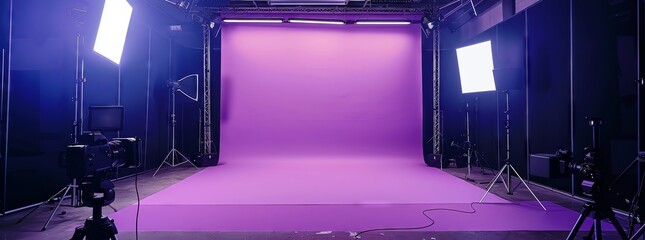 A purple screen in front of the camera, behind which is an empty photo studio with lighting equipment and black walls The light falls  - obrazy, fototapety, plakaty