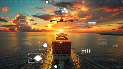 International logistics and freight transport with high-tech data overlays - Powered by Adobe