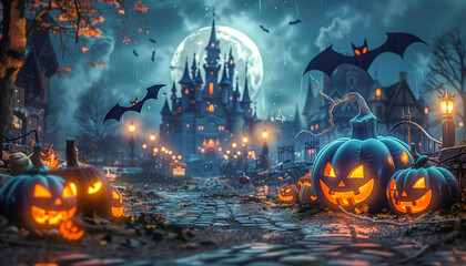 Halloween scene. Halloween party, with pumpkins and bats. - obrazy, fototapety, plakaty