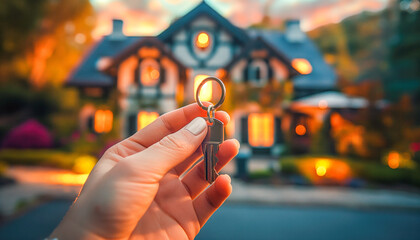 Key to your own house. Woman's hand with key to her own house. - obrazy, fototapety, plakaty