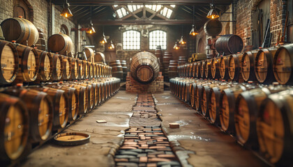 Wine deposit with barrels. Beverage warehouse with full barrels. - obrazy, fototapety, plakaty