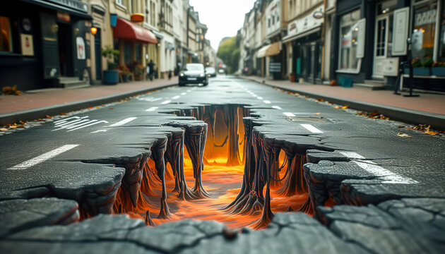 3D style pothole painting on asphalt. 3D drawing on the street. 3D street art.