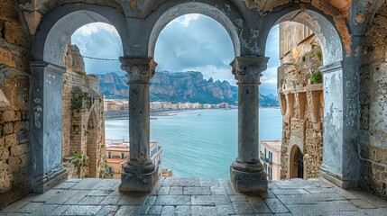 the grey sicilian city of Cefalu, view through an arcade to the sea and the other side of land with very old sicilian buildings and mountains in the background