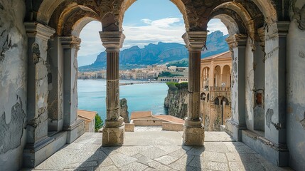 the grey sicilian city of Cefalu, view through an arcade to the sea and the other side of land with very old sicilian buildings and mountains in the background - obrazy, fototapety, plakaty