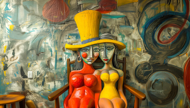 Sculptures of two abstract art style women sitting on a chair. Carved abstract art.