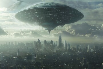 Fototapeta na wymiar A giant alien spaceship over a city.