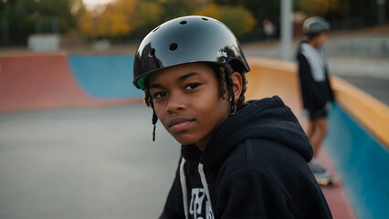Portrait of a young skateboarder in a skatepark. youth day