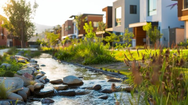 In this defocused image a neighborhood in a smart city is seen in the background with modern homes and carefully curated gardens. In the foreground a stream flows peacefully through .