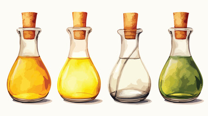 Watercolor illustration of oil glass bottles set is