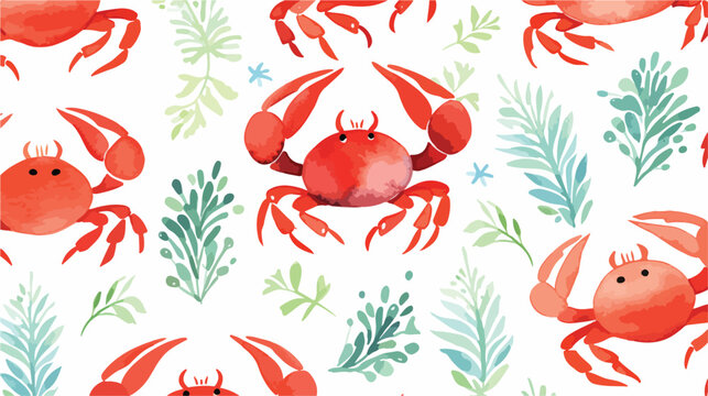 Watercolor illustration of red corals and crabs pat