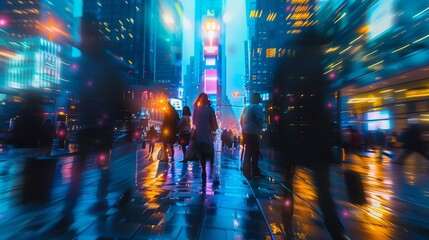 Defocused silhouettes of busy commuters blend together in a blur of motion forming a lively dance against a backdrop of tall buildings and city lights. .