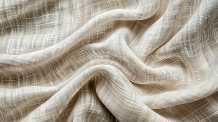 Closeup of white and beige striped fabric, ideal for backgrounds, textiles, fashion design, or crafting projects with a neutral color scheme.