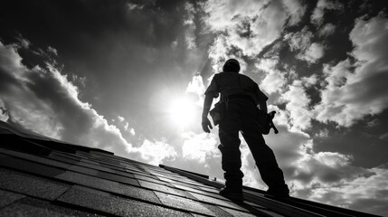 A black and white image of a roofer seen from below his silhouette standing out against the bright sky symbolizing the resilience and determination needed to work in a trade that requires .