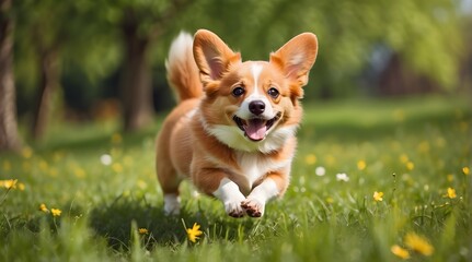 Gorgeous puppy red Corgi On a sunny spring day, Pembroke ambles over a verdant meadow with its jaws wide open. - obrazy, fototapety, plakaty