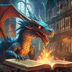 Un dragón dentro de una biblioteca