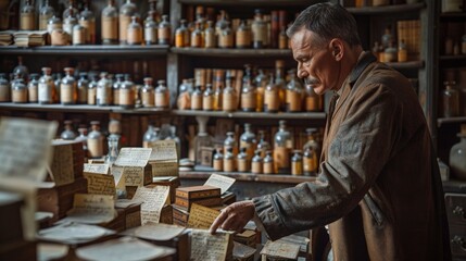 A welldressed gentleman studies the handwritten labels on a row of dusty bottles his finger tracing the faded words as he ponders his next purchase. The apothecary shop is bathed in . - obrazy, fototapety, plakaty