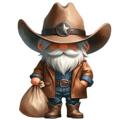 A cartoon gnome wearing a cowboy hat and boots, smoking a pipe and carrying a sack of gold.