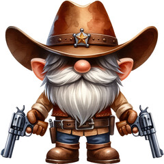 A cartoon gnome wearing a cowboy hat and boots, holding two guns.