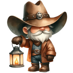 A cartoon gnome wearing a cowboy hat and holding a lantern
