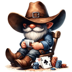 A digital painting of a gnome wearing a cowboy hat and boots, sitting in a chair and holding a hand...