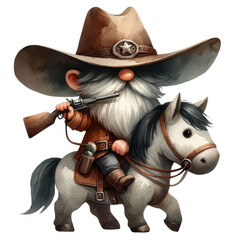A gnome riding a horse, wearing a cowboy hat and holding a gun.