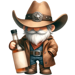 A gnome wearing a cowboy hat and boots, smoking a cigar and holding a bottle of whiskey.