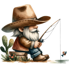 A gnome wearing a cowboy hat is fishing in a pond.
