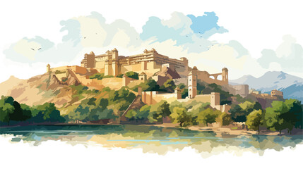 Watercolor sketch of Amer Fort Jaipur Rajasthan Ind - obrazy, fototapety, plakaty