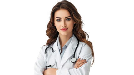 Smiling female doctor with stethoscope, arms crossed standing, isolated on white background