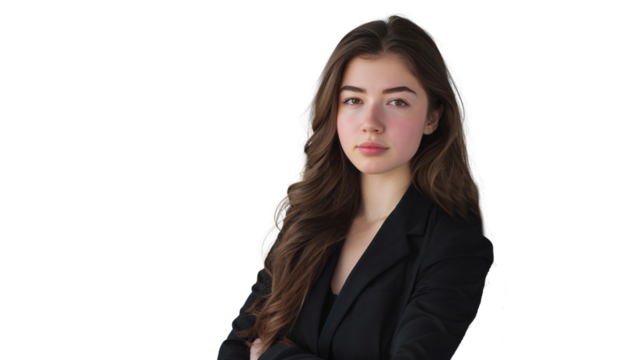 Professional headshot of a smiling young businesswoman in suit, isolated on white background
