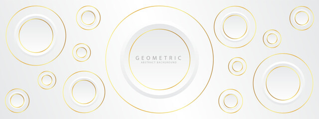 Realistic white abstract background with shiny gold color geometric circle shape